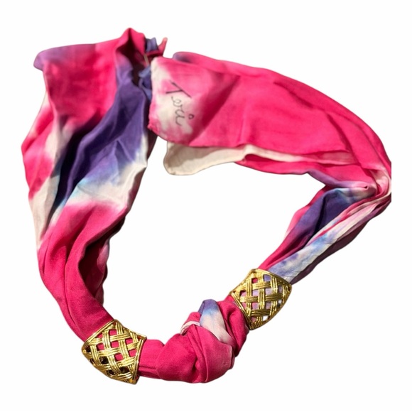 Teri Jon Pink and Purple Tie Dye Scarf with Gold toned jewelry embellishment - Picture 2 of 5